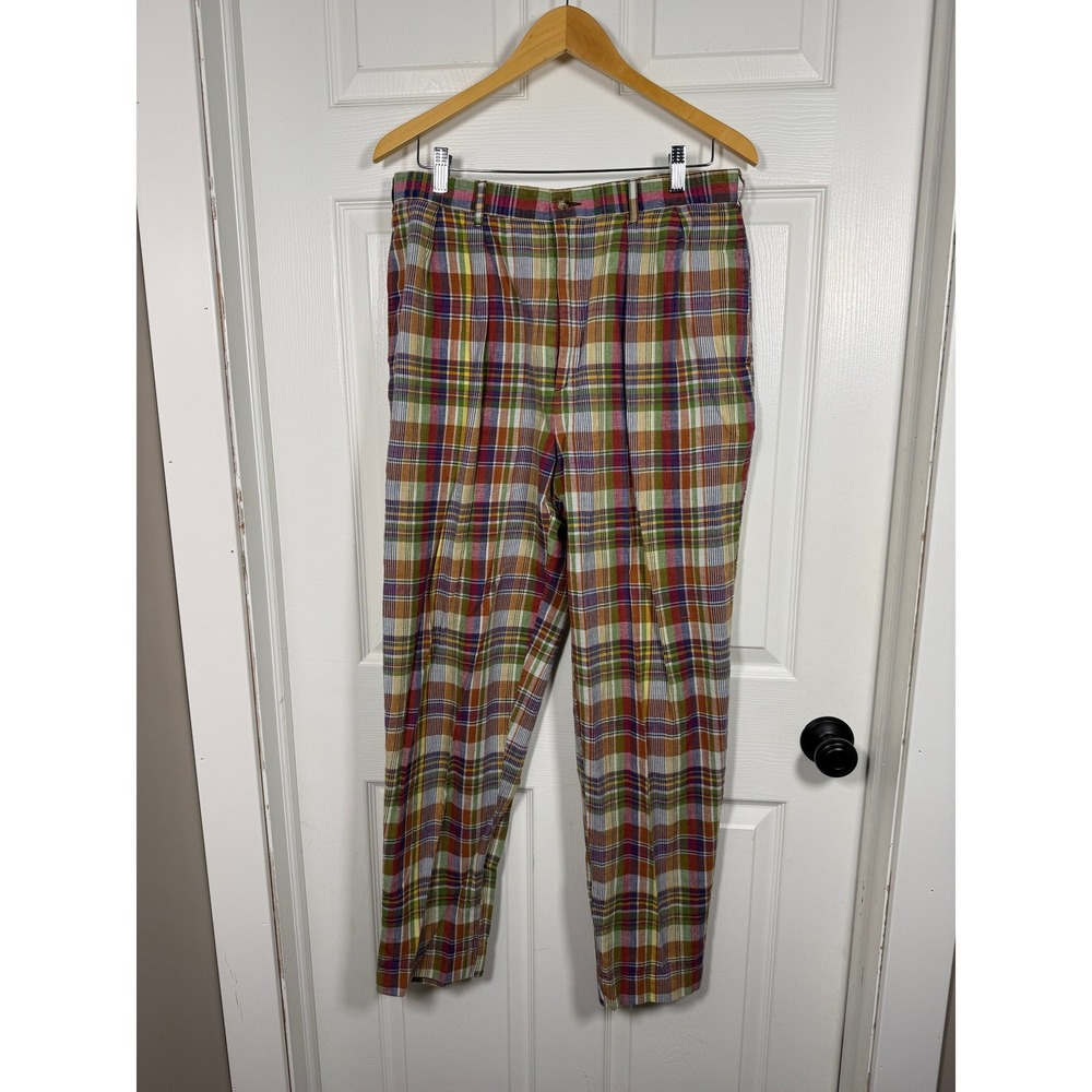 Vintage J.Crew Mens 34 Plaid Pleated Cotton Trousers Multi Color Madras Chinos